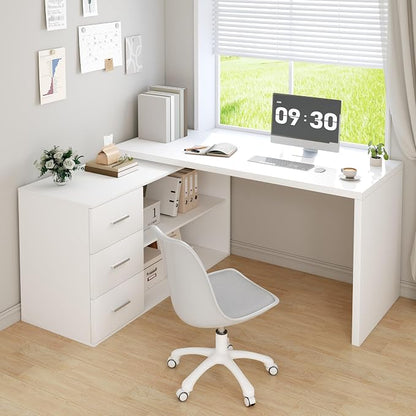 HSH White L-Shaped Computer Desk with 3 Drawers and 2 Shelves, Reversible Home Office Corner Desk for Writing Study Work Executive, 55 Inch Bedroom Wood Table Workstation Desk with Storage Cabinet