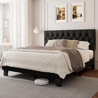 Einhomn Full Upholstered Bed Frame with Headboard, Button Tufted Linen Bed Base, Platform Bed with Wood Slat, Heavy Duty, Easy Assembly, No Box Spring Needed, Black