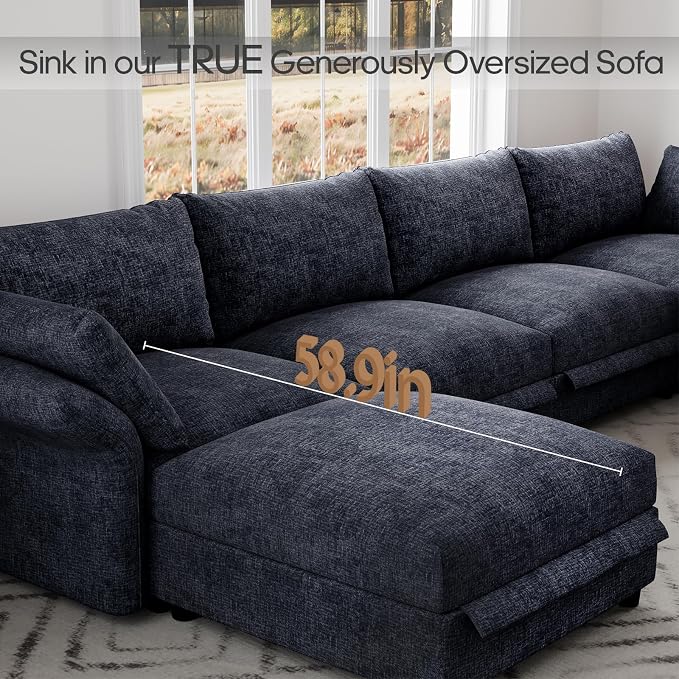 DreamDashio 160" 7-Seat Modular Sectional Sofa with Hidden Storage & 9 Adjustable Backs, Oversized Cloud Couch for Living Room, Dark Grey Chenille