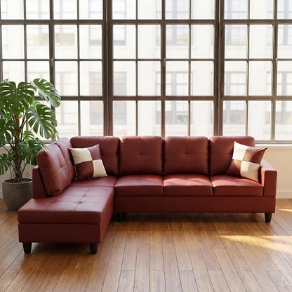 L-Shaped Sectional Sofa, Modern 4-Seat Couch with Left Facing Chaise, Leather Sectional Couch for Living Room, Apartment, Office, Dark Red
