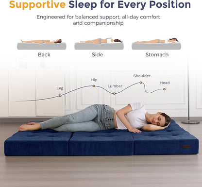 MAXYOYO 6" Folding Sofa Bed for Floor, Tufted Tri-Fold Floor Mattress with Chenille Fabric, Queen Size Portable Sofa Couch Guest Mat for Adults, Foldable Topper for Camping, Navy, 59"x78.7"