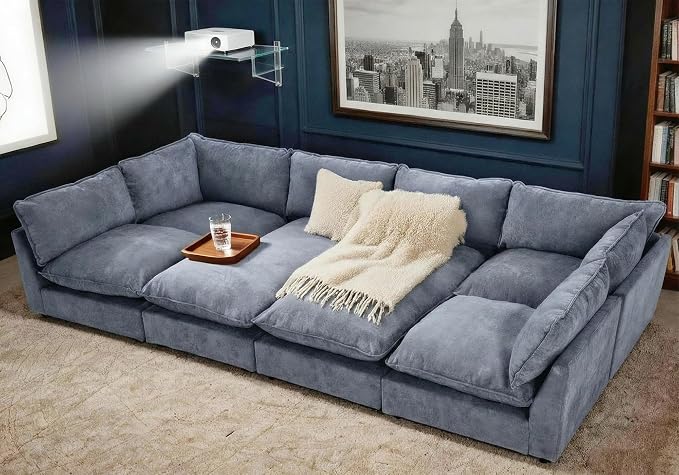 Iroomy Modular Sectional Sofa, Oversized Chenille Cloud Couch, Deep Comfy Seat, 8-Seater Sofas Couches for Living Room, Dusty Blue