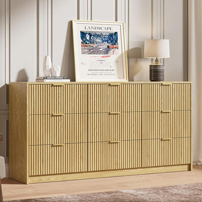 MAISONARIA 3-Piece Dresser Bedroom Set, 9 Drawer Dresser & 2 Drawer Nightstands with Gold Handles, Fluted Wood Chest of Drawers for Bedroom, Living Room, Entryway, Nature