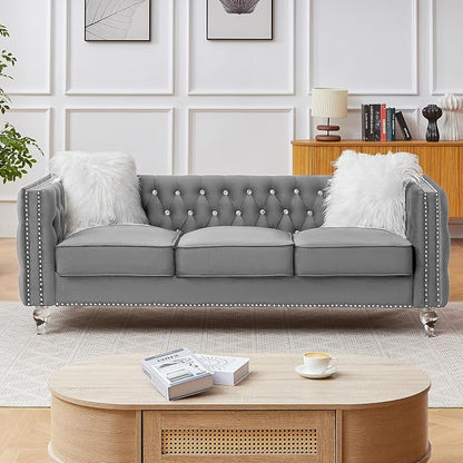 83" Chesterfield Sofa, Velvet Mid-Century Modern Upholstered Couch with 2 Throw Pillows and Acrylic Legs, Nailhead Button Tufted Vintage Sofa for Living Room, Apartment, Office, Grey