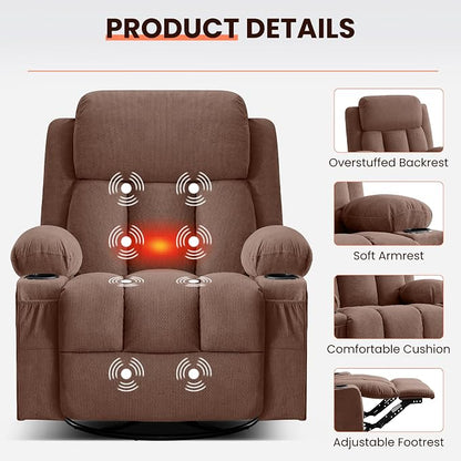 MAHOMICO Swivel Rocker Recliner Chair with Vibration Massage and Heat for Living Room,with Rocking Function and Side Pocket, USB Charge Port,2 Cup Holders