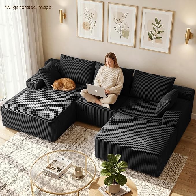 kinmars 108" Boneless Sectional Couch,Corduroy Cloud Couch Sectional for Living Room,Modern U Shaped Modular Sectional Couch,3 Seater Sofa (Black, 108.9" U Shaped with Ottoman)