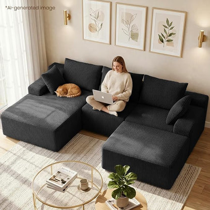 kinmars 108" Boneless Sectional Couch,Corduroy Cloud Couch Sectional for Living Room,Modern U Shaped Modular Sectional Couch,3 Seater Sofa (Black, 108.9" U Shaped with Ottoman)