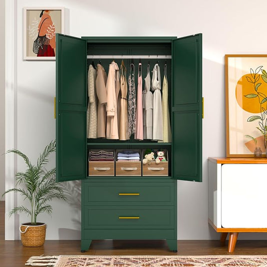 GAIOUS 71" Metal Armoire Wardrobe Closet, Metal Wardrobe Cabinet with Hanging Rod (Green)