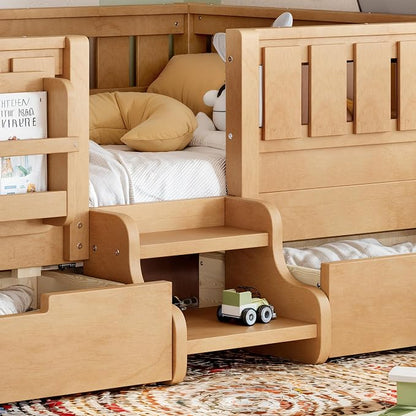 Bellemave Twin Floor Bed with Stairs, Rails and Slats, Twin Size Montessori Floor Bed with Bookshelf and 2 Storage Drawers, Easy Assemble Montessori Beds Frame for Girls, Boys, Deep Natural