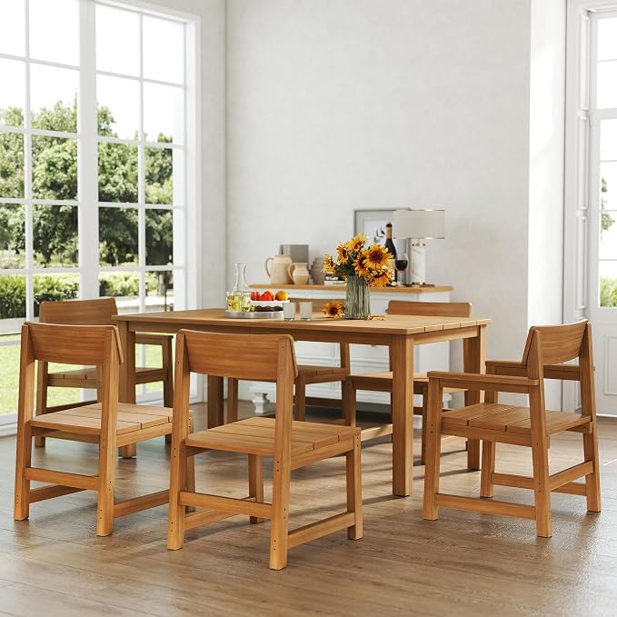 Jocoevol 7 Piece Outdoor Patio Dining Set HIPS Outdoor Table and Chairs for 6 All-Weather Patio Furniture Set with Umbrella Hole for Backyard Poolside Garden, Wooden Color