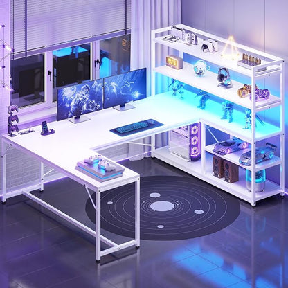 SEDETA L Shaped Computer Desk, 63” Reversible Office Desk or Corner Desk with Storage Shelves, White Gaming Desk with LED Lights, Power Outlet