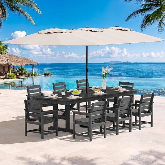 SERWALL 10 Piece 84" HDPE Outdoor Dining Set for 8 with 15ft Double-Sided Umbrella, Black