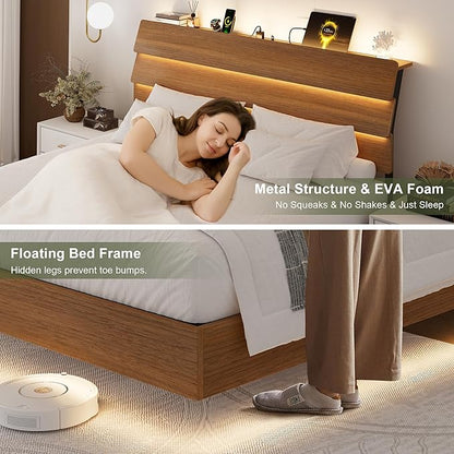 Feonase Floating Bed Frame King with Led Lights and Charging Station, Wood Full Size Bed Frame with Storage Headboard, Heavy Duty Metal Slats, No Box Spring Needed, Easy Assembly,Walnut
