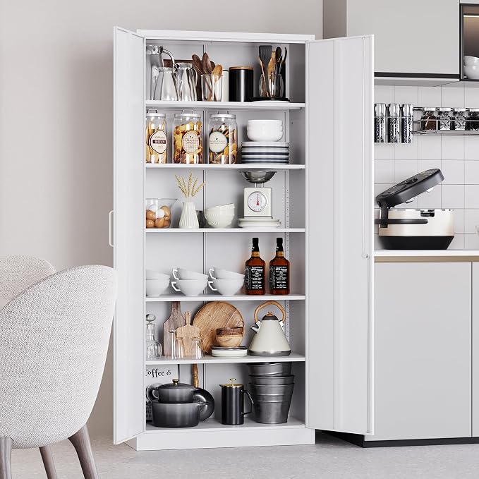 White Metal Storage Cabinet with 2 Doors and 6 Shelves,71" Tall Metal Cabinet with Lock,Lockable Garage Storage Cabinets,Locking File Cabinet,Steel Tool Cabinets for Home,Office,Garage,Shop