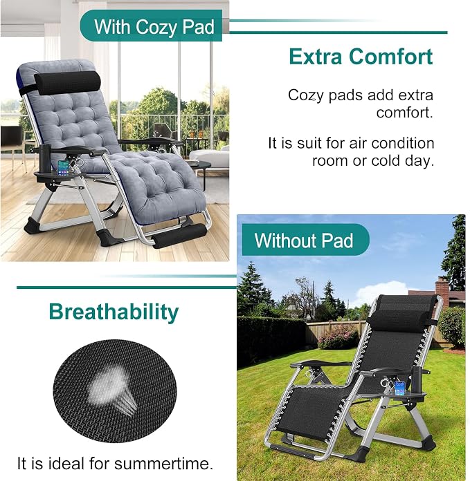 DoCred Zero Gravity Chair Oversized XL, Lawn Recliner, Reclining Patio Lounger Chair, Folding Portable Chaise with Detachable Soft Cushion, Cup Holder, Headrest