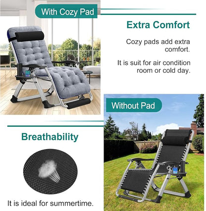 DoCred Zero Gravity Chair Oversized XL, Lawn Recliner, Reclining Patio Lounger Chair, Folding Portable Chaise with Detachable Soft Cushion, Cup Holder, Headrest