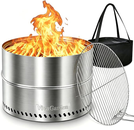 19.5 Inch Outdoor Smokeless Fire Pit, Portable Wood Burning Fire Pit with Grill Rack, Removable Ash Pan and Carry Bag for Camping, Backyard & Patio