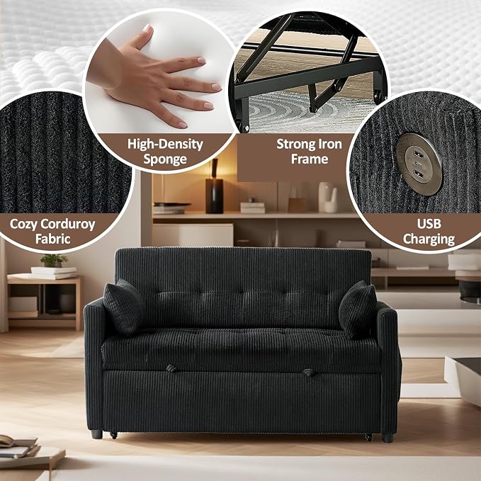 Sofa Bed, Loveseat 3-in-1 Sleeper Sofa with Pull Out Bed, Pockets and USB, Modern 2 Seater Convertible Small Couch for Living Room Bedroom Apartment (Black, Corduroy)