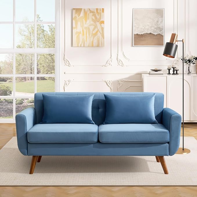 Tbfit 65" W Loveseat Sofa, Velvet Mid Century Modern Love Seat Couches for Living Room, Button Tufted Upholstered Small Couch for Bedroom, Solid and Easy to Install Love Seats Furniture, Blue | linen fabric