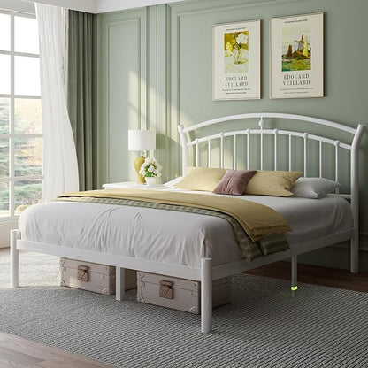 Feonase Queen Size Metal Bed Frame with Retro Headboard, Hardened Steel Tube, 12" Under-Bed Storage, No Box Spring Needed, Easy Assembly, White