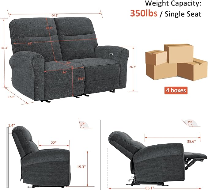 MCombo 64.6" Wall Hugger Power Loveseat Recliner Sofa with USB Ports, Reclining Loveseat for Small Spaces Living Room RV, Fabric PR635M1 (Dark Grey)