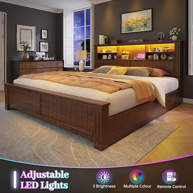 EnHomee Queen Bed Frame with 4 Storage Drawers and Headboard,LED Lights & Charging Ports,Wooden,No Box Spring Needed for Apartment,Heavy-Duty Structure,Noise-Free,Brown