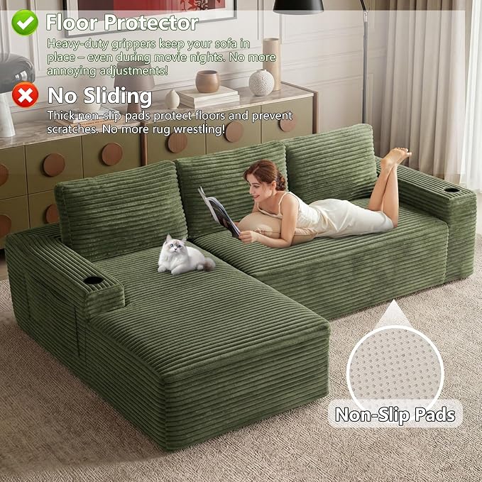 104.3" Modular Sectional Sofa,Modern Corduroy Cloud Couch with Cup Holder & Side Pockets,Boneless Couch Upholstered 3-Seater L-Shaped Sofa for Living Room,No Assembly (Green, Left-Facing Chaise) | with Cup Holder