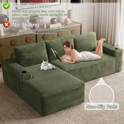 104.3" Modular Sectional Sofa,Modern Corduroy Cloud Couch with Cup Holder & Side Pockets,Boneless Couch Upholstered 3-Seater L-Shaped Sofa for Living Room,No Assembly (Green, Left-Facing Chaise) | with Cup Holder