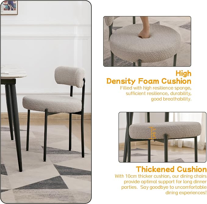 EDWELL Grey Dining Chairs Set of 6, Mid Century Modern Dining Room Chairs with 3.94” Cushions, Round Upholstered Boucle Chairs with Black Metal Legs for Kitchen, Living Room