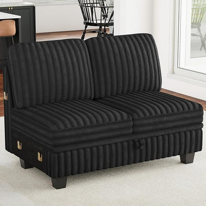 Belffin Corduroy Fabric Loveseat Module for Modular Sectional Couch for Living Room 2 Seater Modular with Storage Black Couch