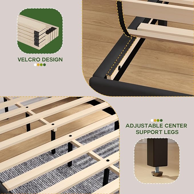 Queen Size Bed Frame with Headboard, Platform Bed with Soft Velvet Upholstered Headboard | Wooden Slats Support | Adjustable Height | No Box Spring Needed, Queen Bed Frame Black