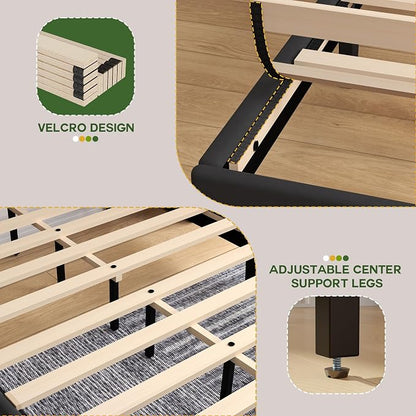 Queen Size Bed Frame with Headboard, Platform Bed with Soft Velvet Upholstered Headboard | Wooden Slats Support | Adjustable Height | No Box Spring Needed, Queen Bed Frame Black