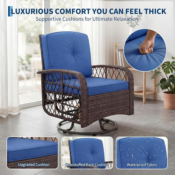 Garvee 3 Pieces Patio Furniture Set, Outdoor Swivel Glider Rocker Set w/Washable Cushion and Tempered Glass Tabletop, Conversation Furniture for Deck Porch Balcony Backyard Garden,Brown & Blue