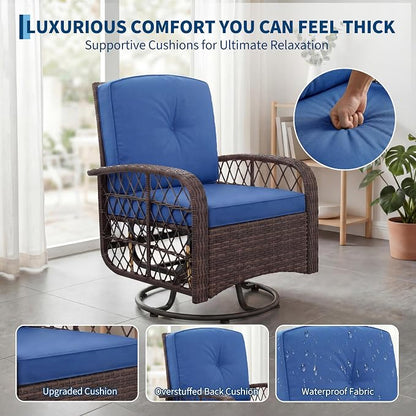 Garvee 3 Pieces Patio Furniture Set, Outdoor Swivel Glider Rocker Set w/Washable Cushion and Tempered Glass Tabletop, Conversation Furniture for Deck Porch Balcony Backyard Garden,Brown & Blue