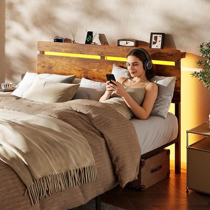 Forestell Full Size Bed Frame with Wood Headboard, Metal Platform Bed with 2 Storage Drawers & Shelf, Built in Charging Station & LED Lights, No Box Spring Needed, Vintage Brown, Camas Full