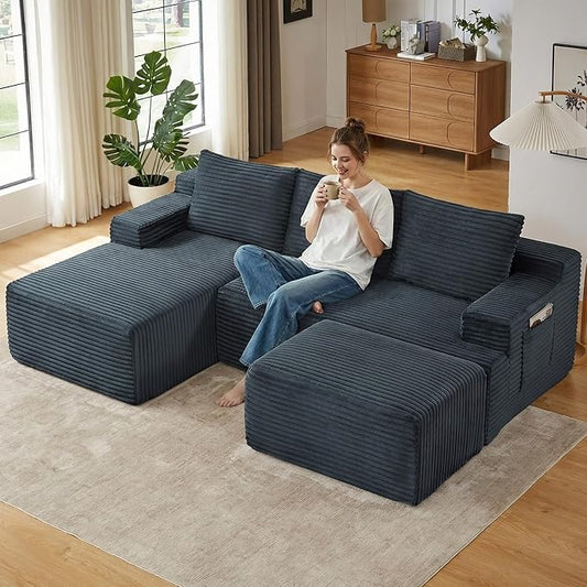 96" Cloud Sectional Couch U-Shaped Chaise with Ottoman, Corduroy Boneless Couch for Living Room Bedroom, Deep-Seat Upholstered Modular Cloud Sofa, No Assembly Required (Grey, Left Facing Chaise)