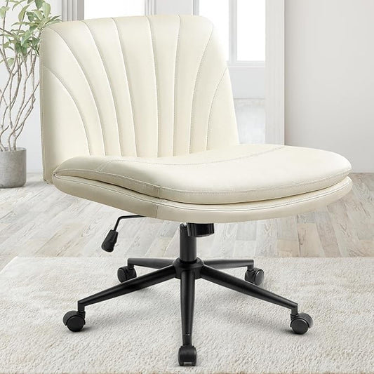 Orange Factory Criss Cross Chair with Wheels Comfy Wide Vanity Desk Chair Dual Base Leather Armless Adjustable Swivel for Home Computer Task (Beige Pu, Faux Leather)