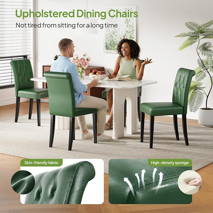 Welzona Upholstered Dining Chairs Set of 4, Button Tufted Parsons Dining Chair with Solid Wood Legs, Modern PU Leather Side Chair for Dining Room/Kitchen/Restaurant/Hotel- Green