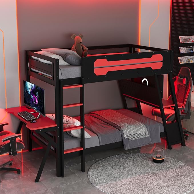 Merax Wooden Twin Over Twin Bunk Bed with 2 Side Desks, USB Desktop Ports and Pegboard Organizer, Gaming Bunk Bed for Gamer, Kids or Teens, No Box Spring Needed, Red