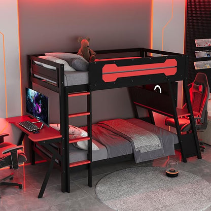 Merax Wooden Twin Over Twin Bunk Bed with 2 Side Desks, USB Desktop Ports and Pegboard Organizer, Gaming Bunk Bed for Gamer, Kids or Teens, No Box Spring Needed, Red