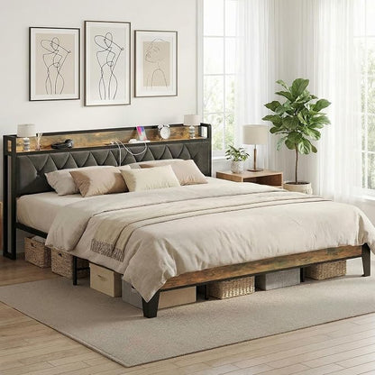 ANCTOR King Bed Frame, Upholstered Tufted Headboard, Storage Shelves & Charging Station, No Box Springs Needed, Sturdy, Noise-Free, Modern Vintage Style