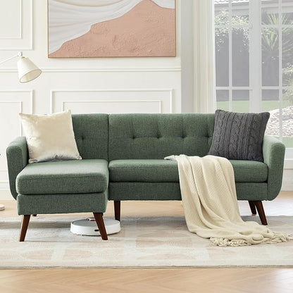 Tbfit L Shaped Couch Sofa, 80" W Mid-Century Modern Sectional Couches, 3 Seater Sofas with Wide Chaise Lounge, Button Tufted Upholstered Sectional Sofa for Living Room, Bedroom, Green | linen fabric