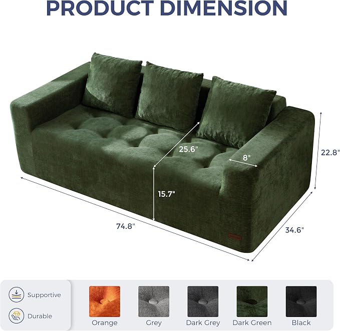 MAXYOYO Modular Sofa Couch, 75" Oversized Loveseat Boneless Cloud Couch with Deep Seat, Chenille Upholstered Living Room Comfy Sofa Chair for Living Room, No Assembly Required, Dark Green