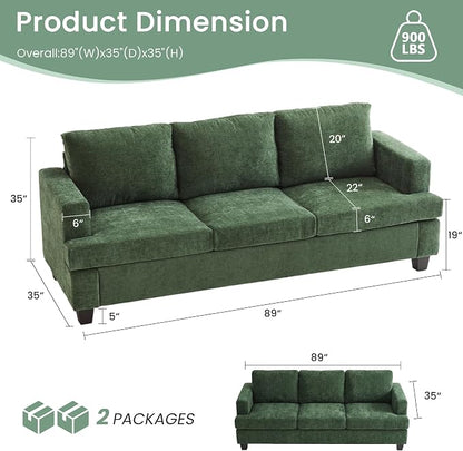 YOUDENOVA Sofa, 3 Piece Set Comfy Sofa, Loveseat & 2 3-Seater Couch with Deep Seats for Living Room, Modern Sleeper Couch, Green Chenille