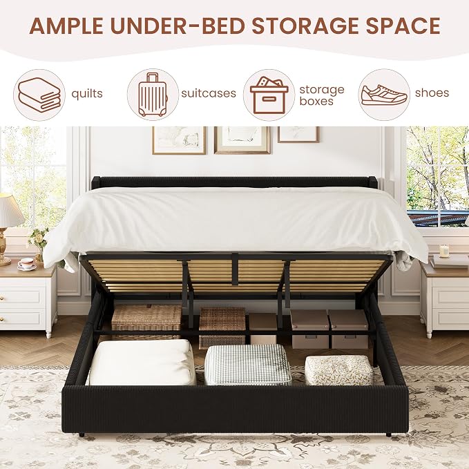 Garvee King Lift Up Storage Bed Frame, Corduroy Upholstered Platform Bed with Gas Lift, Padded Headboard, Wooden Slat Support, No Box Spring Needed, Easy Assembly, Black