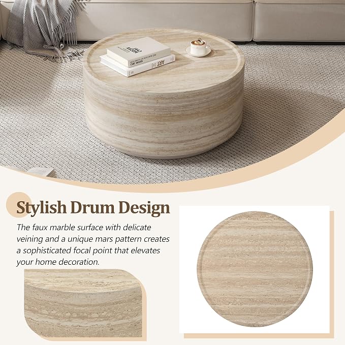 Merax 27.5" Round Coffee Table with Faux Luxury Marble Look, Drum Small Center Table with Strong Structure, Minimalist Mars Pattern End Table for Living Room, Bedroom, No Assembly Required, Beige