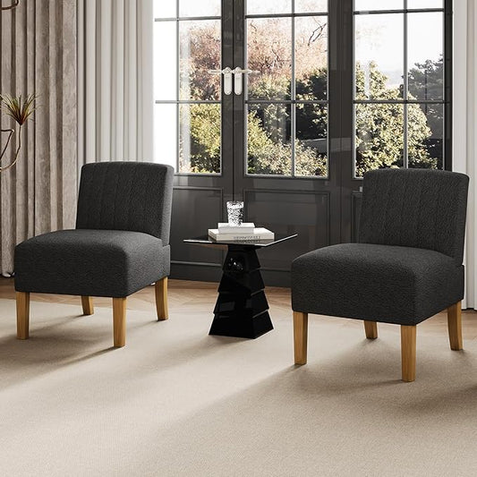 VIRRMO Armless Accent Chairs Set of 2 for Living Room, Modern Slipper Chair Living Room Chairs with Solid Wood Legs, Makeup Vanity Chair Fabric Comfy Upholstered Arm Chair Accent Chair,Black