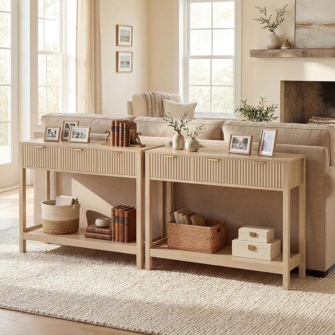 Nasonet Fluted Console Table, Wooden Sofa Table with Storage and Drawers, Farmhouse Behind Couch Table Entryway Table for Entrance, Hallway, Living Room, Oak