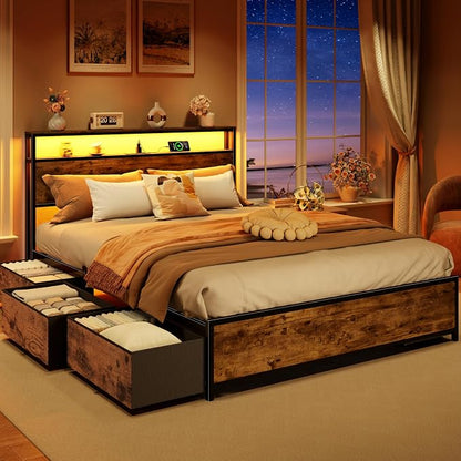 Forestell Queen Bed Frame with Headboard & 6 Drawers, Metal Platform Bed Frame Queen Size with Charging Station,LED Lights,2 Tier Shelf Storage Bedframe-No Box Spring Needed,Noise Free,Rustic Brown