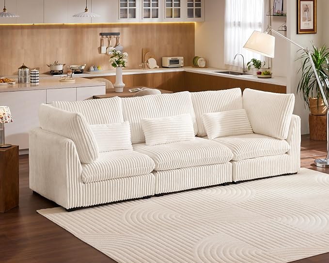 115" Oversized Corduroy Couch Modular Sectional Sofa, Washable Cloud Couch Sectional, 3 Seater Sectional Couches for Living Room, Fully Cover Removable, Basic 3 Seater, Corduroy, White